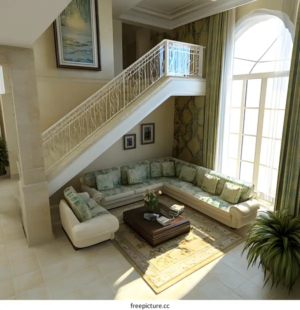 Modern Living Room Interior Design with a Large Window and a Staircase