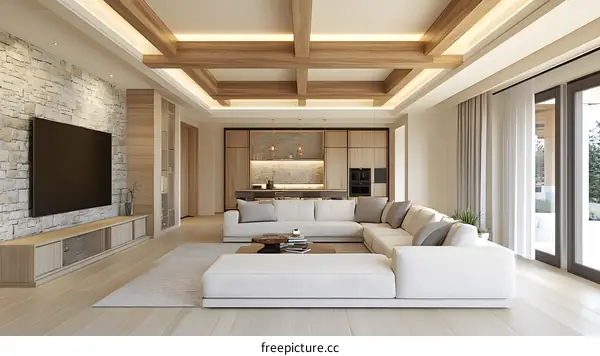 Modern Living Room Interior Design with Wooden Beams