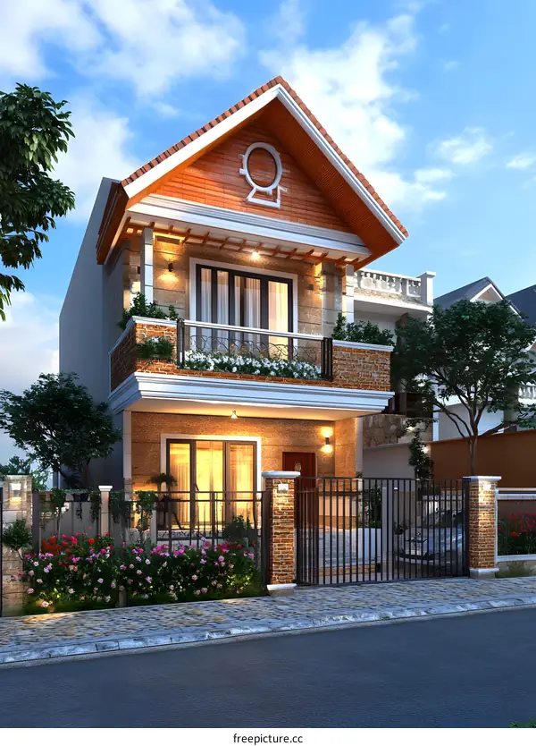 Modern Two Story House with Brick Wall and Iron Fence