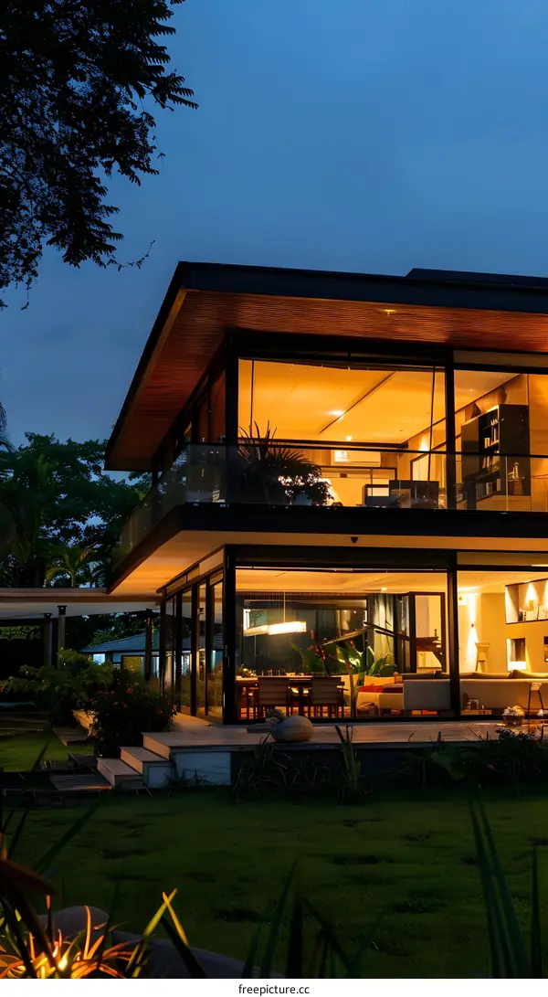 Modern House with Large Windows and Glass Doors at Night