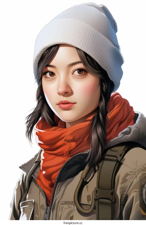 A young Asian woman wearing a white beanie and an orange scarf