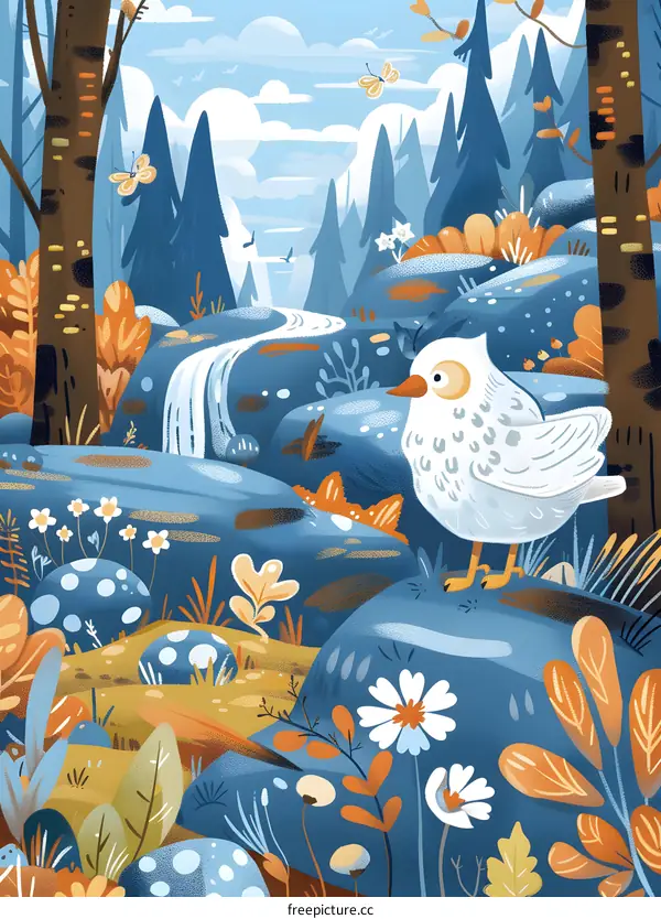 White Bird in a Blue and Yellow Forest