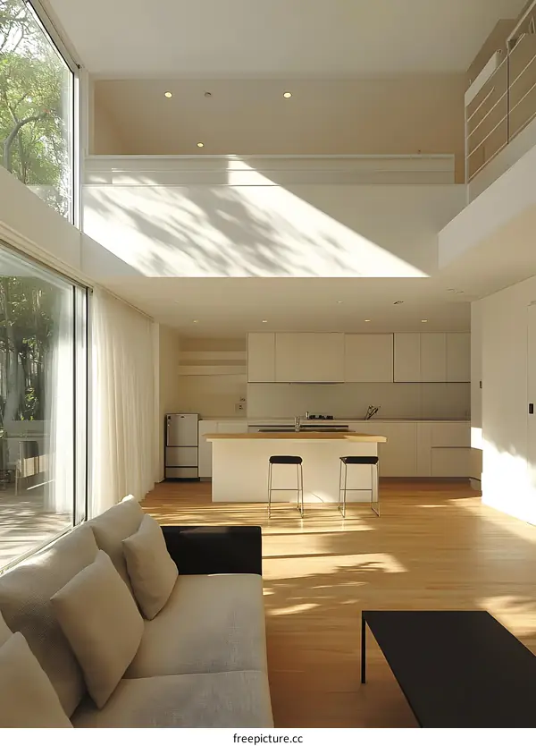 Modern Minimalist Interior Design Home With White Kitchen Island and Large Windows