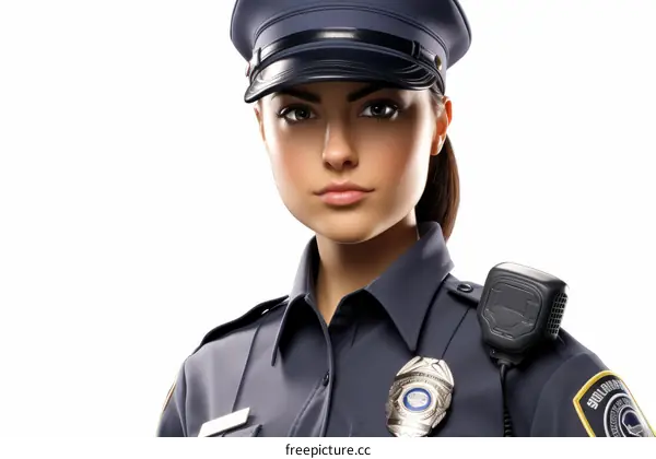 A policewoman in uniform with a gun and a badge.