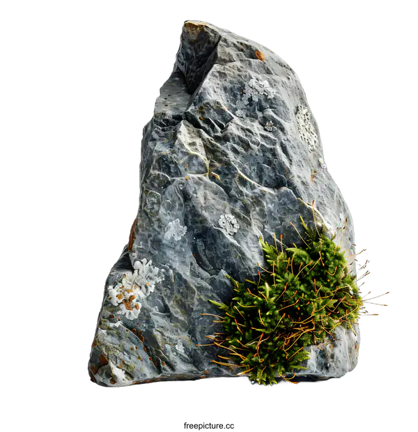 [Transparent Background PNG]Gray Rock With Green Moss Isolated on White Background