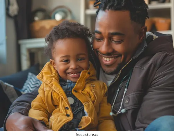 A smiling African-American father holds his young son in his arms.
