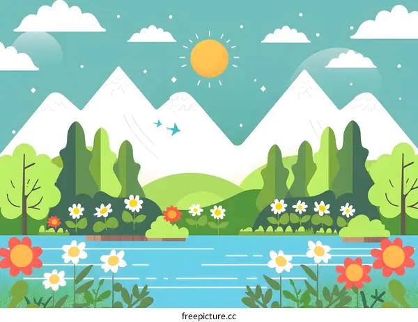 Beautiful Nature Illustration with Green Trees and Mountains