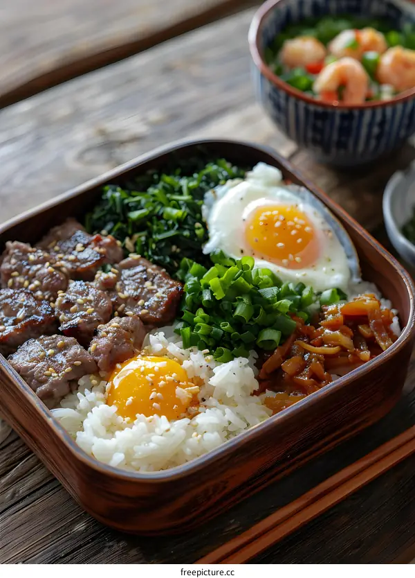 Japanese Food Bento Box With Beef, Egg and Rice