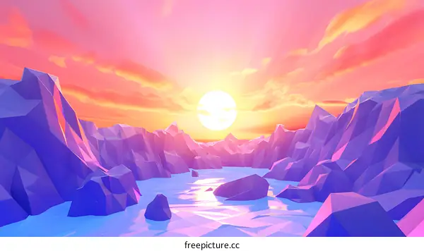 Low Poly Sunset Landscape Art Design