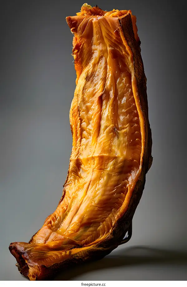 A large smoked fish against a gray background