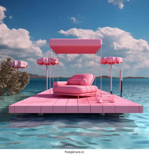pink floating platform with pink lounge chair and pink umbrellas in the middle of a lake