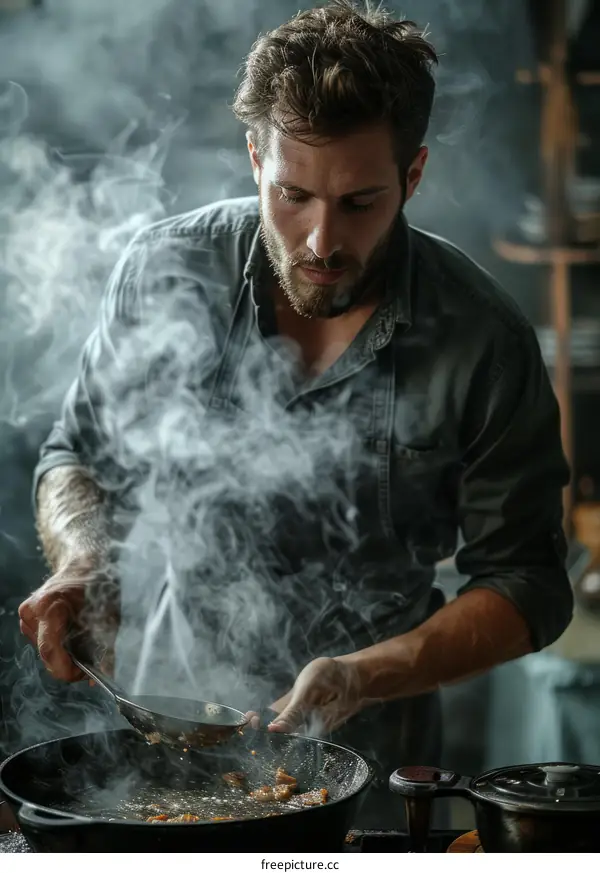Young male chef is cooking in the kitchen