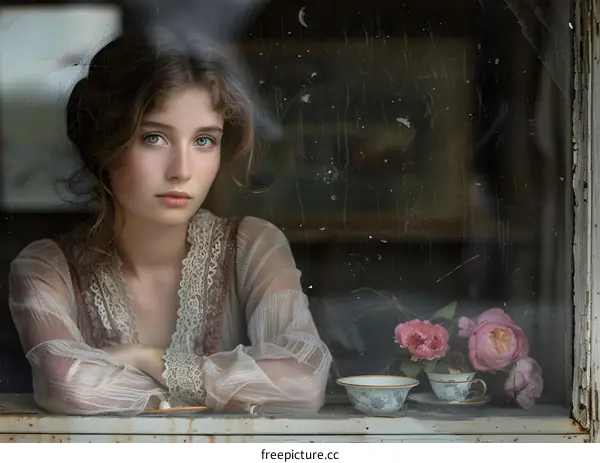 A Young Woman Looking Through a Window with Flowers and Teacups