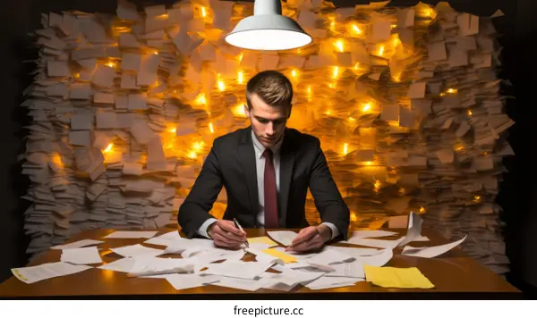 Young caucasian businessman overwhelmed by paperwork in office