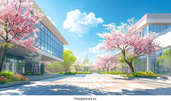A beautiful university campus with cherry blossom trees in full bloom