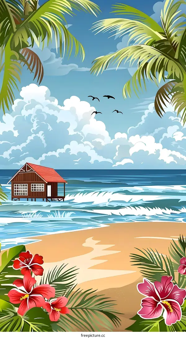 Tropical Beach Landscape with Palm Trees and a Small House