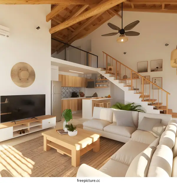 Modern Minimalist Interior Design of Open Concept Living Room with Wooden Beams and Light Colors