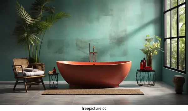 Freestanding copper bathtub in the green bathroom interior with tropical plants
