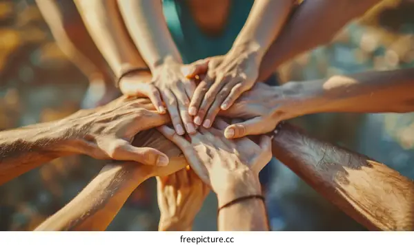 Multiracial group of people joining hands together in unity and support