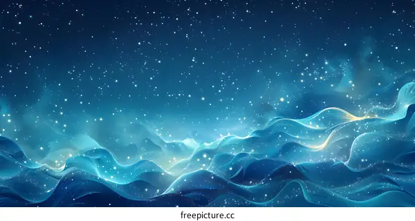 Blue and gold glowing waves with stars in the background