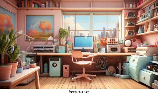 A Home Office Setup with a Large Window