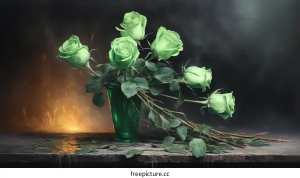 Green roses in a green vase with fire in the background