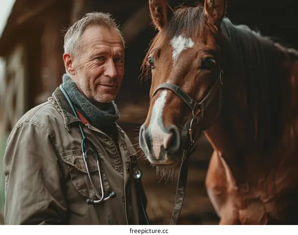 A veterinarian is examining a horse in a barn