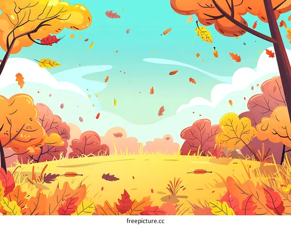 Autumn Forest Landscape Illustration with Falling Leaves