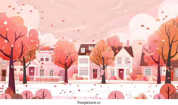 Autumn Landscape with Pink Houses and Falling Leaves