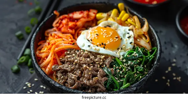 Korean Food, Bibimbap with Beef, Egg, Kimchi and Vegetables