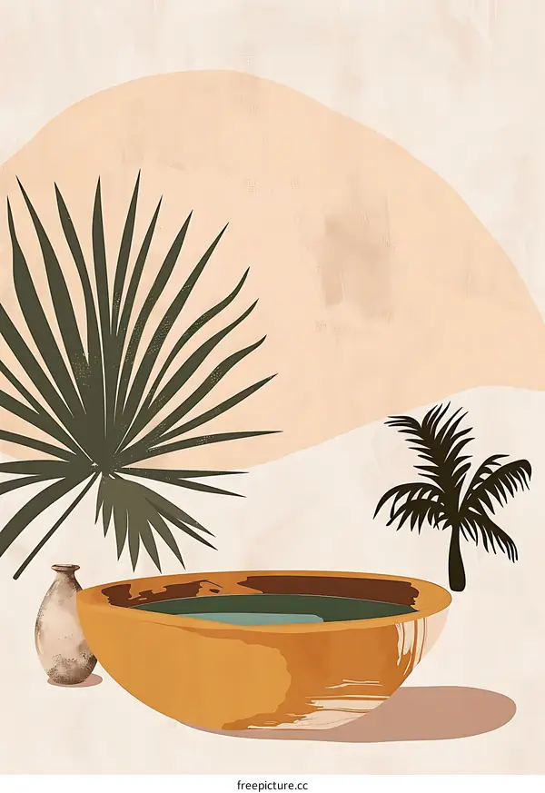 Tropical Minimalist Illustration with Palm Trees and a Stone Bowl