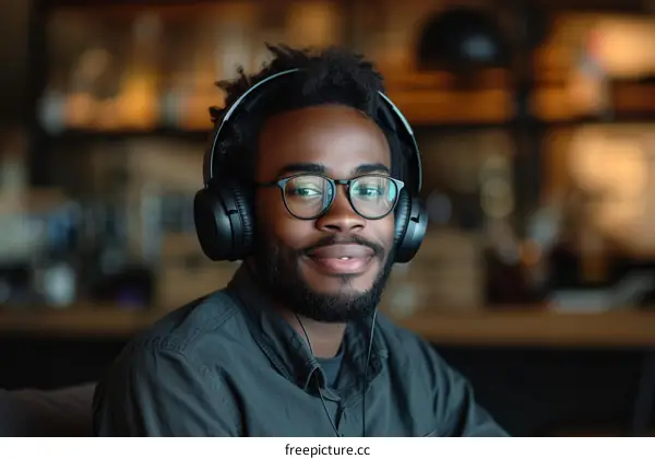 A young African-American man wearing headphones and glasses smiles at the camera.