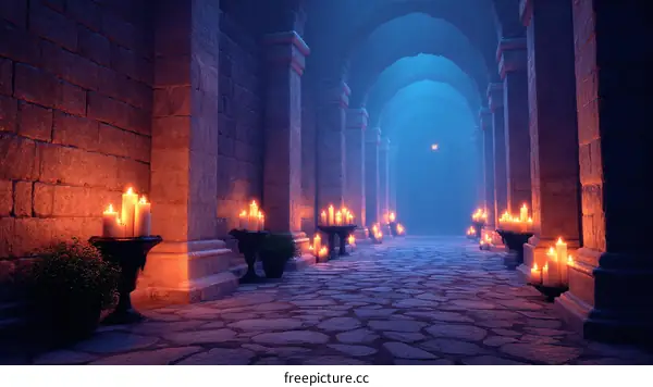 Ancient Stone Corridor Illuminated by Candles