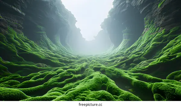 Green Mossy Path In A Cave With Fog
