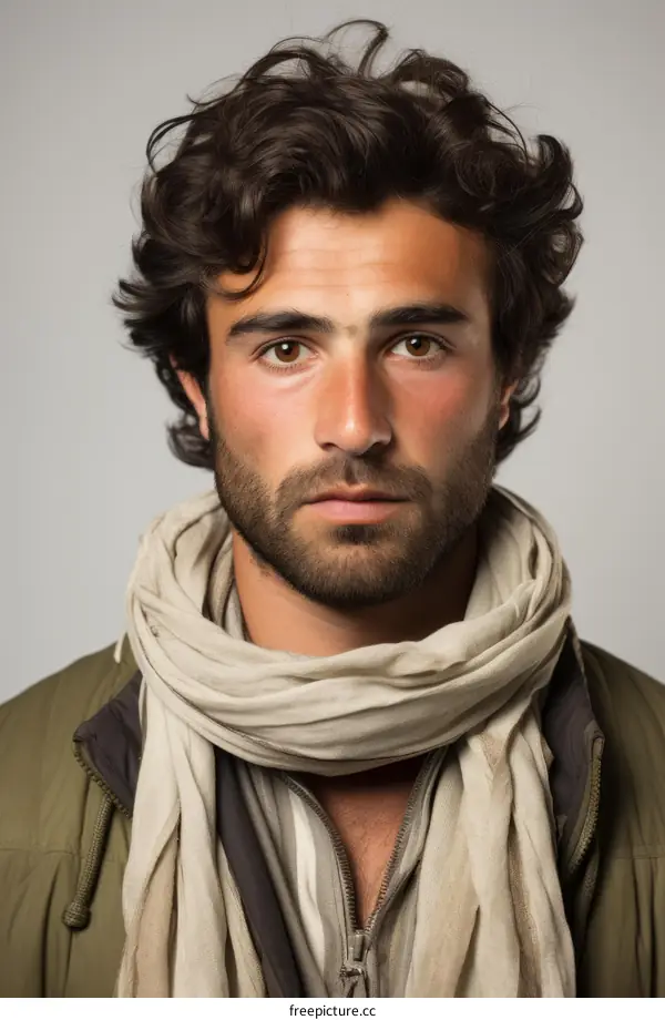Portrait of a handsome young man with curly hair and a scarf