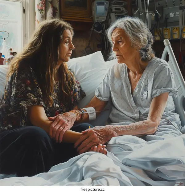 An illustration of a woman sitting on a bed holding hands with an elderly woman