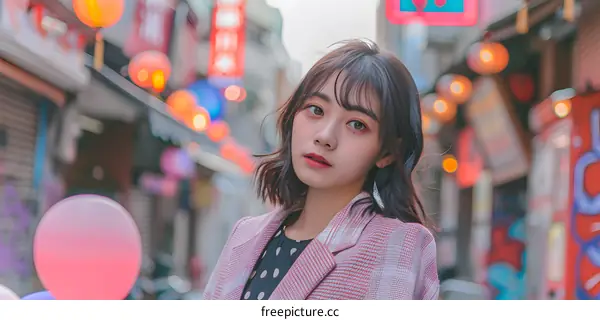 Asian Woman Standing in a City Street Looking at the Camera