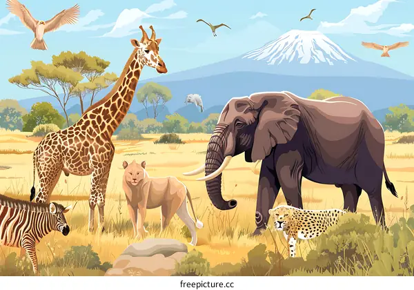 African Safari Animals Illustration With Mountain Background