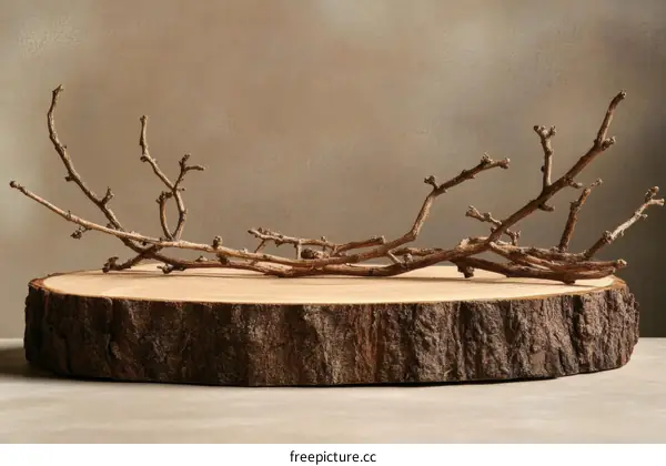 Dried Branches on Wooden Slice