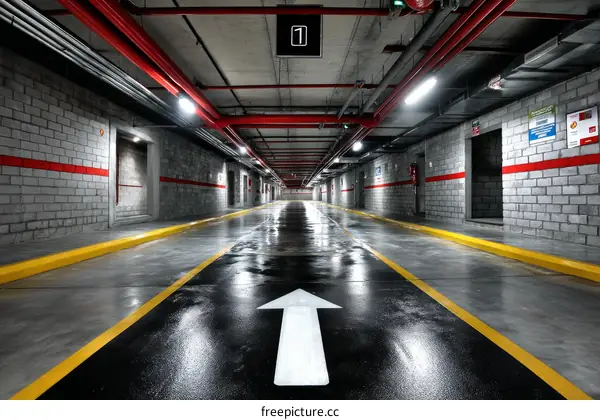 Underground Parking Garage Interior with Directional Arrow
