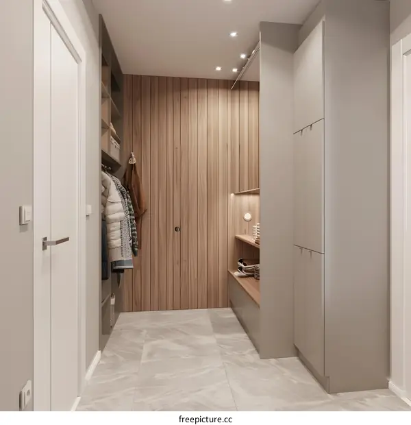 Modern Minimalist Entryway Interior Design with Wooden Wall