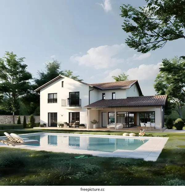 Modern White House with Swimming Pool and Lush Green Lawn