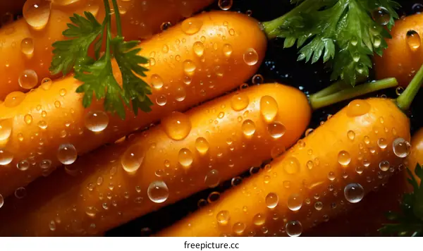 Close-up of orange carrots with green leaves covered in water droplets