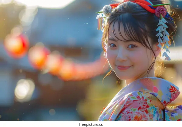 Portrait of a young woman in a kimono smiling at the camera