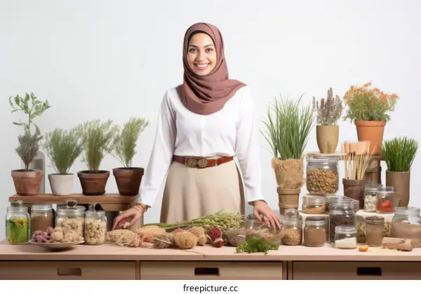 Middle Eastern Woman Standing at a Table Surrounded by Herbs and Spices