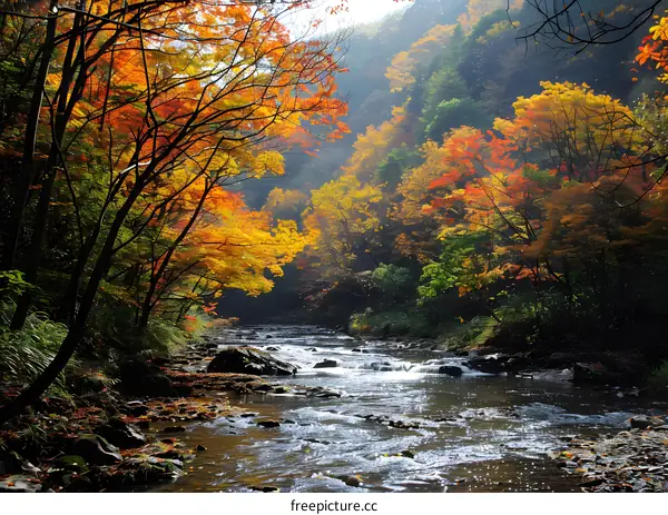 Colorful autumn forest river landscape