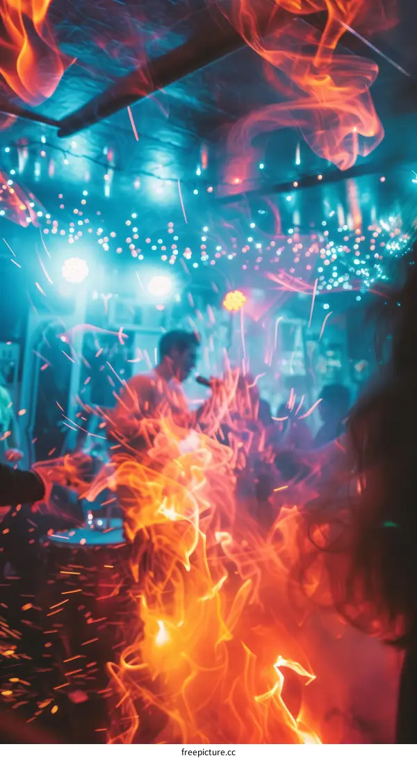 Fire dancer performance with blue and orange lights in the background