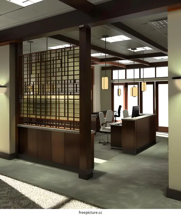 Modern Office Interior Design with Wooden Accents and Lattice Screen