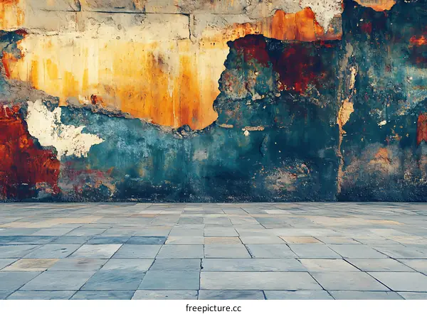 Grunge Background With Cracked Concrete Wall And Stone Floor