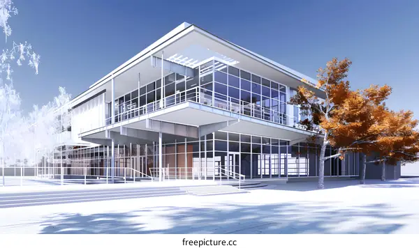 Modern Architecture Building with Trees and White Snow